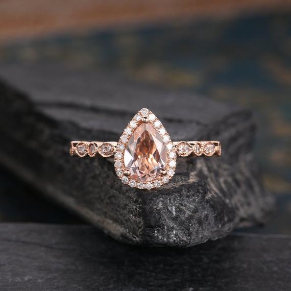 Art Deco Morganite Engagement Ring Rose Gold Pear Shaped Morganite Ring Tear Drop Anniversary Gift Diamond Weddding Ring Women Dainty Ring