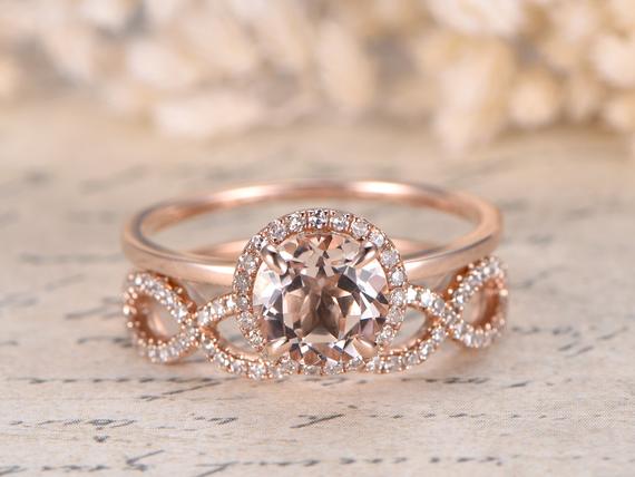 Pink Morganite Ring Set Rose Gold Diamond Wedding Ring Morganite Engagement Ring Diamond Halo Ring 2pcs Bridal Ring Set Twist Wedding Band