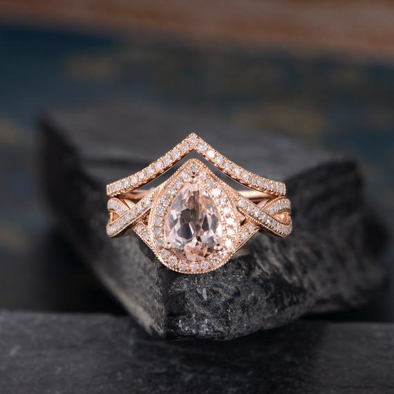 Rose Gold Morganite Bridal Set Engagement Ring Pear Shaped Halo Ring Diamond Half Eternity Infinity Band Women Tear Drop Anniversary 2pcs