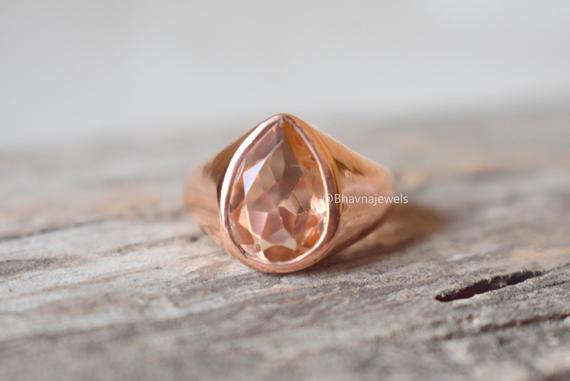 Natural Morganite Ring, 22k Gold Vermeil Over 925 Sterling Silver, Peach Pink Gemstone Ring, Pink Beryl Jewelry, Handmade Gift For Her