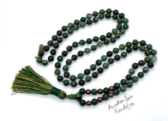 Aaa Grade 108 Genuine Green Moss Agate Mala Beads Necklace, 108 Japa Mala Beads, Heart Chakra Mala, Healing Crystals, Moss Agate Jewelry