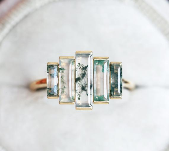 Art Deco Engagement Ring, Moss Agate Ring, Baguette Cut Ring, Unique Green Ring