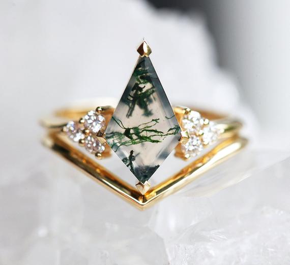 Engagement Ring Set, Unique Gemstone Set, Moss Agate Kite & Diamond Geometric Alternative Set