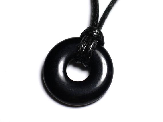 Collier Pendentif Pierre - Obsidienne Noire Rond Cercle Donut Pi 20mm Noir