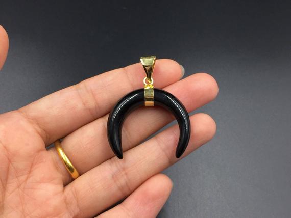 Black Onyx Horn Pendant Crescent Moon Pendant Onyx Double Horn Pendant Wholesale Bull Horn Shaped Charm Pendant 3-10pcs