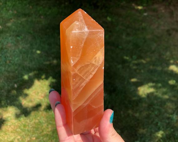 5.1" Honey Calcite Crystal Tower #10 Orange Calcite Point Polished Self Standing Glowing Gemstone Gift For Her, Witchy Home Decor Accent