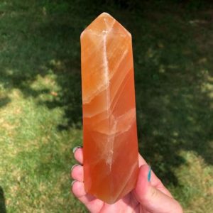 Shop Orange Calcite Stones & Crystals! 6.1" Honey Calcite Tower #11 Crystal Point, Banded Orange Calcite, Polished Self Standing Four Sided Gemstone Home Decor Gift for Her Him | Natural genuine stones & crystals in various shapes & sizes. Buy raw cut, tumbled, or polished gemstones for making jewelry or crystal healing energy vibration raising reiki stones. #crystals #gemstones #crystalhealing #crystalsandgemstones #energyhealing #affiliate #ad