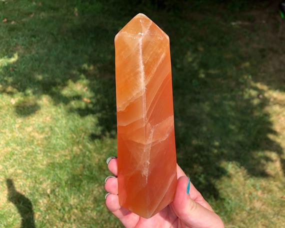 6.1" Honey Calcite Tower #11 Crystal Point, Banded Orange Calcite, Polished Self Standing Four Sided Gemstone Home Decor Gift For Her Him