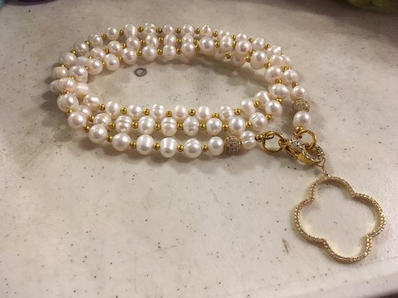Pearl Necklace - Gold Jewelry - White Gemstone Jewellery - Cz Quatrefoil Pendant - Long - Beaded