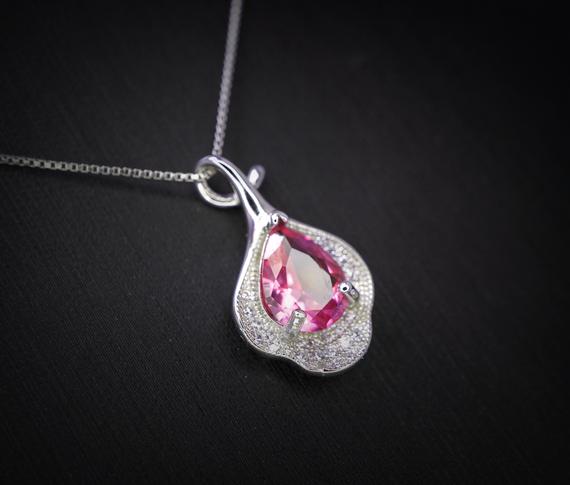 Dainty Pink Tourmaline Necklace Sterling Silver Leaf Pink Gemstone Jewelry #379