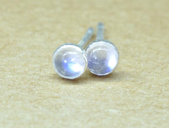 Rainbow Moonstone Stud Earrings Handmade With Genuine Sterling Silver And 3mm Iridescent Cabocon Gemstones.