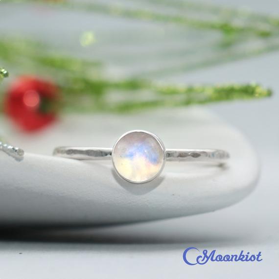 Rainbow Moonstone Promise Ring, Sterling Silver Moonstone Gemstone Ring, Round Stacking Ring, Gift For Her | Moonkist Designs