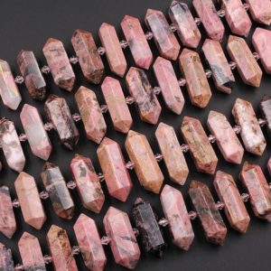 Natural Pink Red Rhodonite Beads Faceted Double Terminated Point Bullet Center Drilled Pendant Bead 15.5" Strand | Natural genuine beads Gemstone beads for beading and jewelry making.  #jewelry #beads #beadedjewelry #diyjewelry #jewelrymaking #beadstore #beading #affiliate #ad