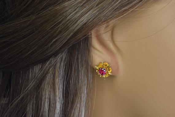 1ct Ruby Flower Design Stud Earrings In 14kt Gold | Ruby Earrings | Gemstone Earrings | Ruby Jewelry | July Birthstone