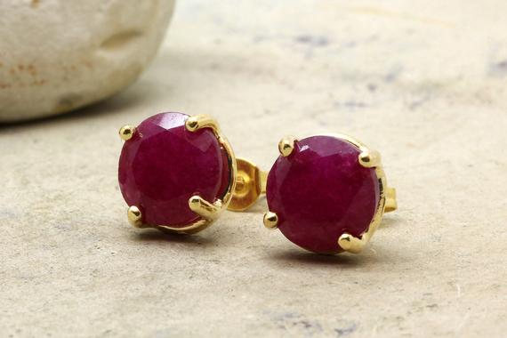 Gold Studs Ruby Earrings · July Birthstone Earrings · Gold Bridal Earrings · Ruby Wedding Earrings · Round Cut Precious Gemstone Earrings