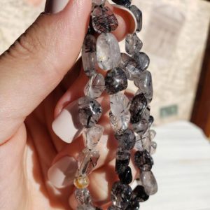 Shop Rutilated Quartz Chip & Nugget Beads! Tourmaline in Quartz Beads, Small Crystal Nugget 5 -8 mm Bead Strands, with 1 mm Hole | Natural genuine chip Rutilated Quartz beads for beading and jewelry making.  #jewelry #beads #beadedjewelry #diyjewelry #jewelrymaking #beadstore #beading #affiliate #ad
