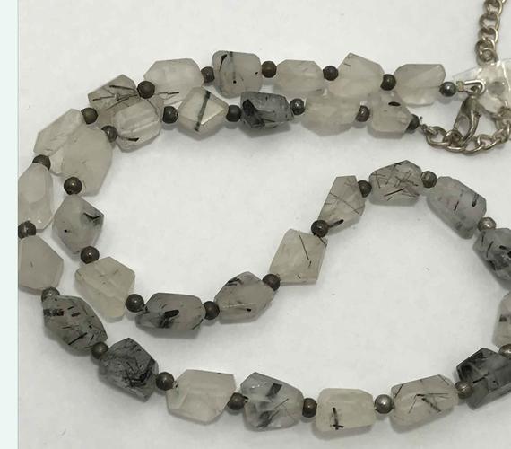 Natural Black Rutilated Quartz Faceted Tumble Beaded Necklace, 8x10mm To 10x12mm, 16 Inches, Gemstone, Semiprecious Stone Beaded Necklace