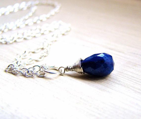 Sapphire Pendant, Dainty Necklace, Sterling Silver Chain, Dark Blue Gemstone, Minimalist Jewelry, Virgo Gift, September Birthday, Weddings.