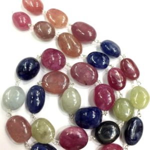 Shop Sapphire Bead Shapes! Extremely Beautiful-Silver Rosary Chain Natural Multi Sapphire Rosary Chain Beads Sapphire Smooth Oval Shape Beads Sapphire Gemstone Beads | Natural genuine other-shape Sapphire beads for beading and jewelry making.  #jewelry #beads #beadedjewelry #diyjewelry #jewelrymaking #beadstore #beading #affiliate #ad