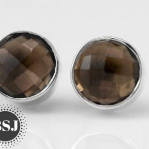 Smoky Quartz Stud Earrings, Round Studs, Faceted Gemstone, 925 Sterling Silver, Wedding Jewelry, Sale, Pure Silver, Handmade Jewelry | Natural genuine Gemstone earrings. Buy handcrafted artisan wedding jewelry.  Unique handmade bridal jewelry gift ideas. #jewelry #beadedearrings #gift #crystaljewelry #shopping #handmadejewelry #wedding #bridal #earrings #affiliate #ad