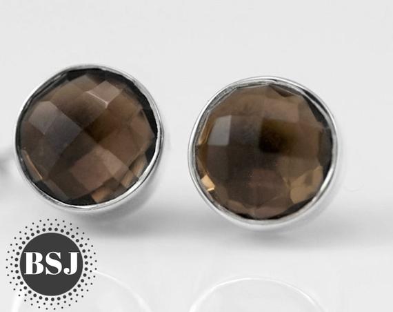 Smoky Quartz Stud Earrings, Round Studs, Faceted Gemstone, 925 Sterling Silver, Wedding Jewelry, Sale, Pure Silver, Handmade Jewelry