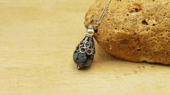 Snowflake Obsidian Pendant. Bali Silver Bead Cone Necklace. Reiki Jewelry Uk. Virgo Jewelry. 12mm Stone