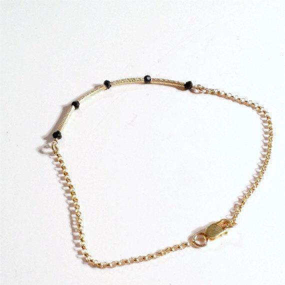 Black Skinny Bracelet Bead Bar Thin Chain Spinel Gold Vermeil Jewelry Layering Stackable Jewellery Tbm
