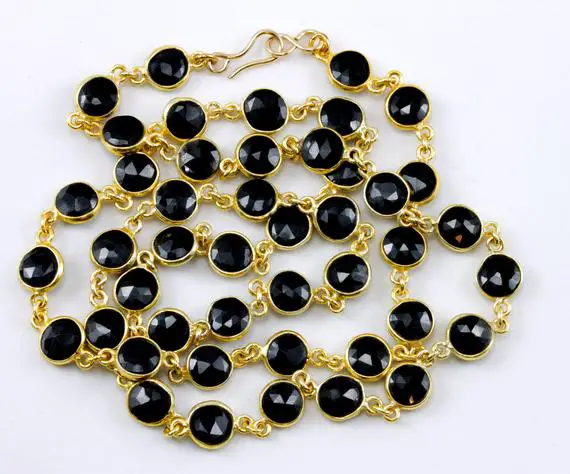 Black Spinel Necklace Bezel Chain Link  24 Inches Faceted Round Cut 14k Gold Fill And Plate Bezeled