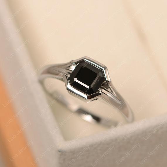 Black Spinel Ring, Sterling Silver Ring, Black Gemstone, Asscher Cut, Antique Art Deco