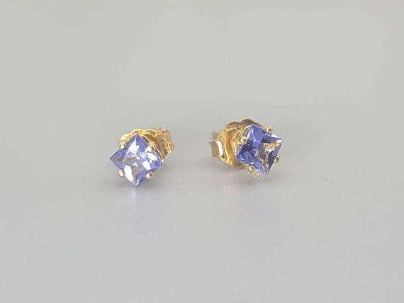 Tanzanite Stud Earrings, Dainty Natural Tanzanite Studs In 14k Solid Gold, Princess Cut Earrings, Ready To Ship Gift, December Birthstone,