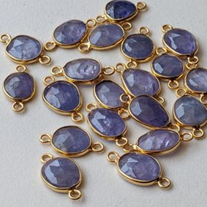 Shop Tanzanite Beads! 14-16mm Tanzanite Rose Cut Free Form Shape Connectors 5 Pcs Double Loop Both Side Faceted 925 Silver with Gold Polish Bezel Findings- PDG259 | Natural genuine beads Tanzanite beads for beading and jewelry making.  #jewelry #beads #beadedjewelry #diyjewelry #jewelrymaking #beadstore #beading #affiliate #ad