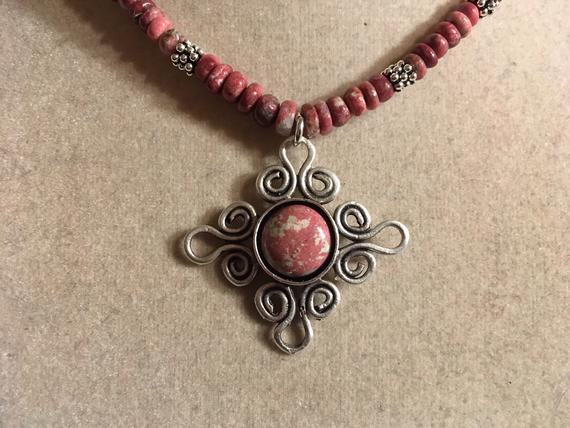 Thulite Gemstone Necklace – Sterling Silver, Handmade Beaded Pendant