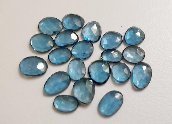 7.5-9.5mm London Blue Topaz Cabochons, Natural Faceted Free Form Shape London Blue Topaz Flat Back Cabochons, 5 Pcs Topaz For Jewelry-pdg296