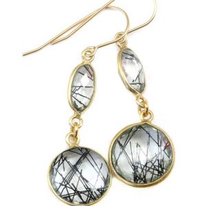 Black Rutile Tourmalated Quartz Earrings Smooth Simulated Rutilated Drop Bezel Teardrop 14k Gold Filled Ear Wires Double  Round Drops 2 Inch | Natural genuine Tourmalinated Quartz earrings. Buy crystal jewelry, handmade handcrafted artisan jewelry for women.  Unique handmade gift ideas. #jewelry #beadedearrings #beadedjewelry #gift #shopping #handmadejewelry #fashion #style #product #earrings #affiliate #ad