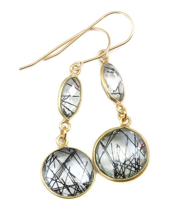 Black Rutile Tourmalated Quartz Earrings Smooth Simulated Rutilated Drop Bezel Teardrop 14k Gold Filled Ear Wires Double  Round Drops 2 Inch