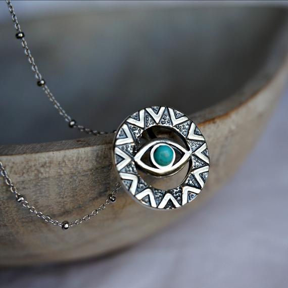 Evil Eye Turquoise Jewelry Sterling Silver Pendant Necklace Gemstone Gift Birthstone Jewelry Native American Western Necklace