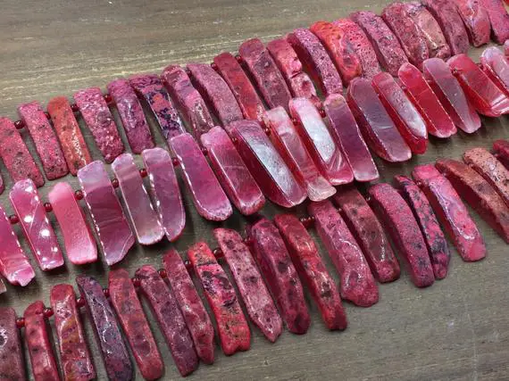 Fuchsia Agate Stick Point Beads Raw Pink Agate Slice Slab Pendant Beads Top Drilled Gemstone Bead Supplies 7-12mm*30-60mm 15.5" Full Strand