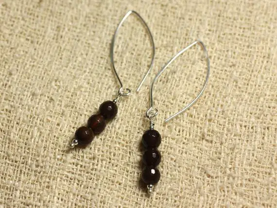 Boucles Oreilles Argent 925 Crochets 40mm - Agate Marron Facettée 6mm