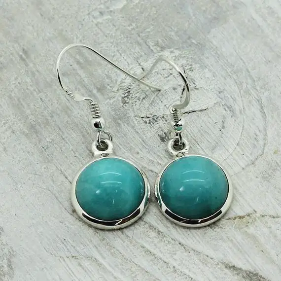 Round Amazonite Amazing Color Stone Drop Earrings Set On Sterling Silver 925 Round Cab Stone Genuine Natural Amazonite