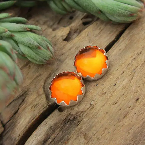Amber Cabochon Studs | 14k Gold Stud Earrings Or Sterling Silver Amber Studs | 4mm, 6mm, 8mm Low Profile Serrated Or Crown Earrings