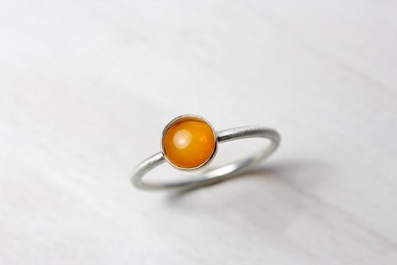 Modern Golden Brown Amber Bezel Ring Sterling Silver 14k Yellow Gold Stacking Band Natural Orange Round Cabochon Gift Idea Her - Honey Dip
