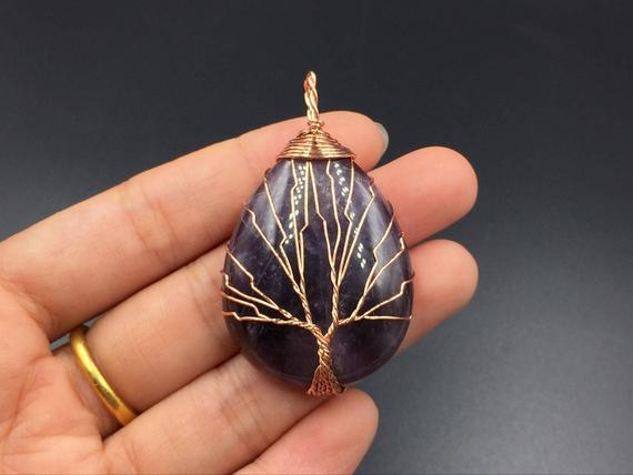 Amethyst Quartz Teardrop Pendant Purple Quartz Crystal Pendant Wire Wrapped Tree Of Life Pendant Wholesale Gemstone Pendant Charm 3pcs