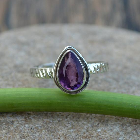 Natural Amethyst Gemstone Ring, 925 Sterling Silver Ring, February Birthstone Gift Ring, Pear Cut Ring, Purple Amethyst Ring, Fine Gift Ring