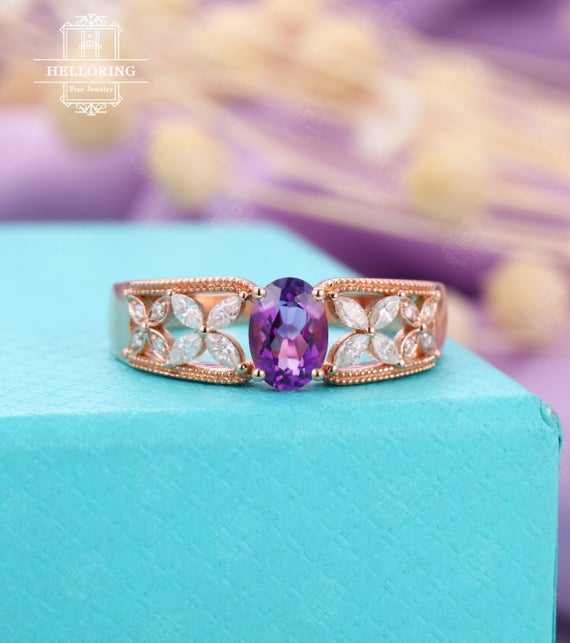 Vintage Oval Cut Amethyst Engagement Ring Marquise Moissanite Wedding Rose Gold Ring Bridal Art Deco Anniversary Promise Ring