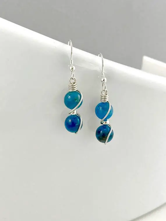 Blue Apatite Earrings, Sterling Silver, Blue Crystal Earrings