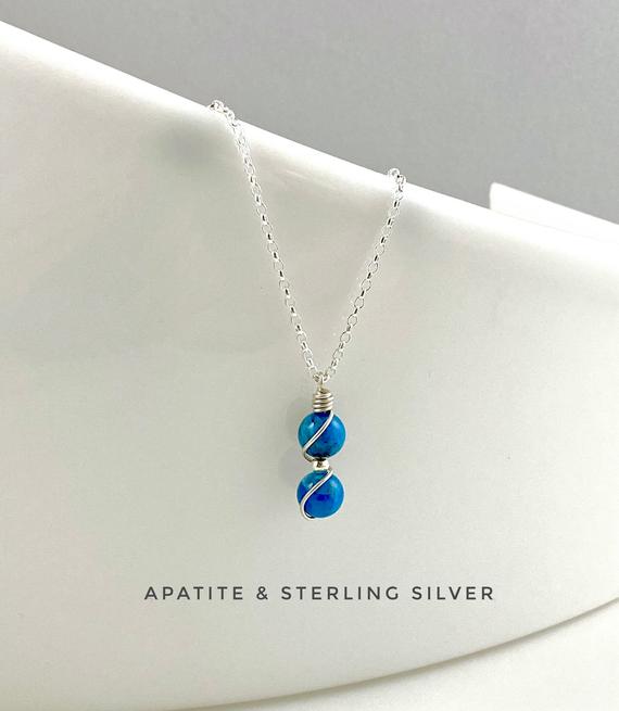 Apatite, Dainty Blue Apatite Necklace, Sterling Silver, Crystal Necklace
