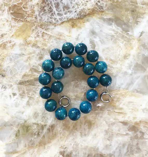 Teal Blue Apatite 20mm Round Beaded Statement Necklace With Interlocking Ring Clasp