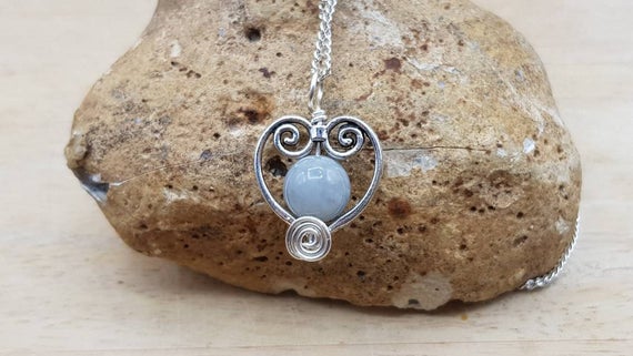 Aquamarine Heart Pendant. Reiki Jewelry Uk. March Birthstone. Silver Plated Wire Wrap Necklace. 10mm Stone. 19th Anniversary Gemstone