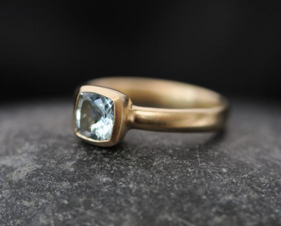 18k Gold Aquamarine Engagement Ring Cushion Cut Aqua Gold Ring 18k Gold Square Aquamarine Ring Handmade Engagement Ring Hand Made Engagement