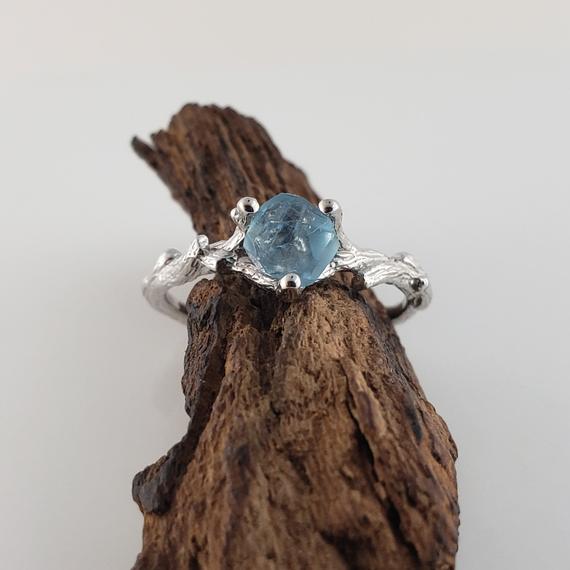 Rough Aquamarine Gemstone Twig Ring In Solid 14k Gold, Twig Engagement Ring - Raw Gemstone Jewelry - Birthstone Ring By Dv Jewelry Designs